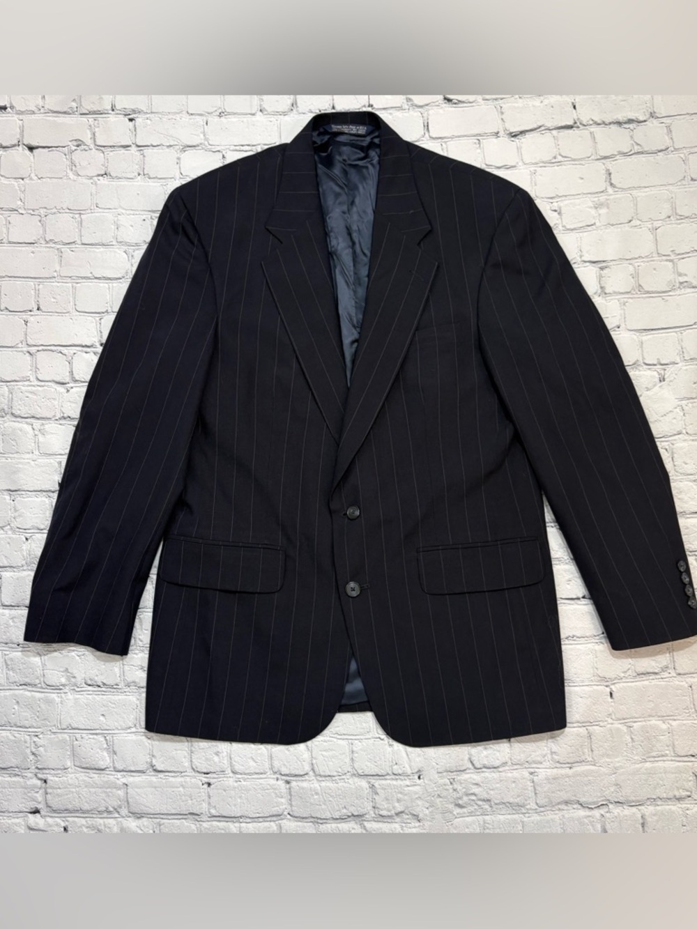 VTG Lands End Blazer Mens 40R Navy Blue 2 Button Pinstripe 100% Wool Jacket USA